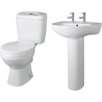 Image of Balterley Adley Round Ceramic Bathroom Bundle with Toilet Pan, Cistern, Seat, 2 Tap Hole 550mm Basin &amp; Full Pedestal