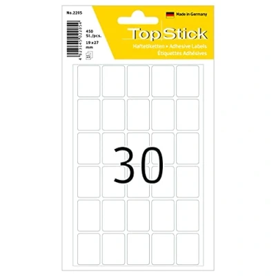 Image of TopStick Multi Purpose Labels, 30 Labels per Sheet, 15 Sheets, 19 x 27 mm, 450 Self Adhesive Small Stickers, Blank Sticky for Office Kitchen Home, White