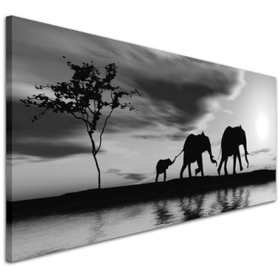 Image of Wallfillers Black White African Sunset Elephants Canvas Wall Art Print 1363 118x49cm