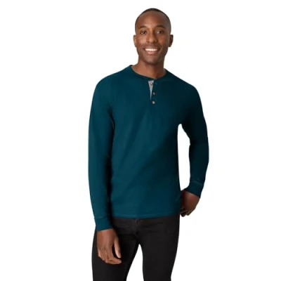 Image of Hanes Men&#039;s T Beefyt Henley Cotton Long Sleeve Shirts, Petro Teal, 3XL