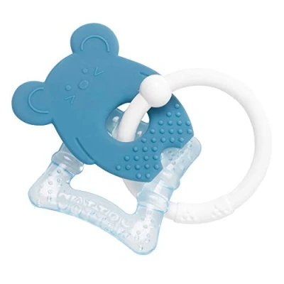 Image of Nattou Silicone Teether + Hanging Animal, 2 in 1 Cooling Water Filled Element Teether, Refrigeratable, Ergonomic Design, BPA Free, PETA Approved Vegan, 10 cm, Blue Mouse