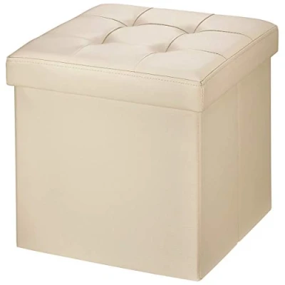 Image of BRIAN &amp; DANY Folding Ottoman Storage Box with Lid, Faux Leather Footstool Toy Seat 38 x cm (Beige)