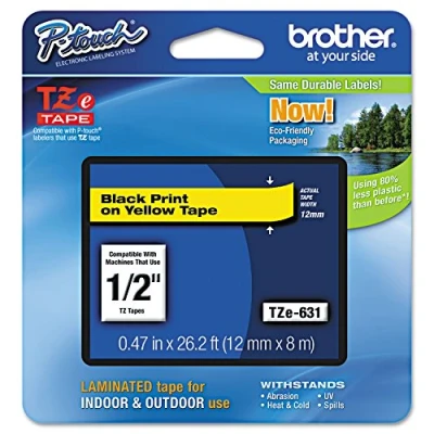 Image of Brother Tze 631 Black on Yellow Label Making Tape for Printer (Black Yellow, TZe, Brother, 1.2 cm, 8 M, cm)