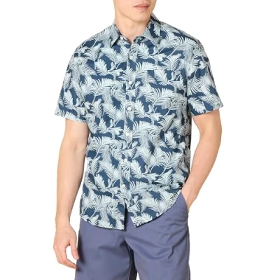 Image of Amazon Essentials Men&#039;s Slim Fit Short Sleeved Button Down Printed Shirt, Aqua Blue Navy Palm Leaf, XL