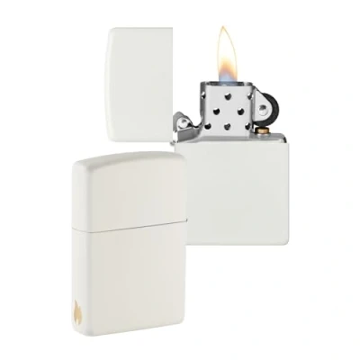 Image of Zippo Windproof Lighter Flame Logo White Matte Finish Refillable for Lifetime Use Adjustable Gift Box Metal Construction Made in USA