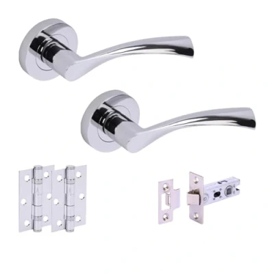 Image of HANDLEZONE® Lobo Internal Door Handle Latch Pack, Complete with Lever On Rose Handles, 76mm Latch, 75mm Ball Bearing Hinges Polished Chrome