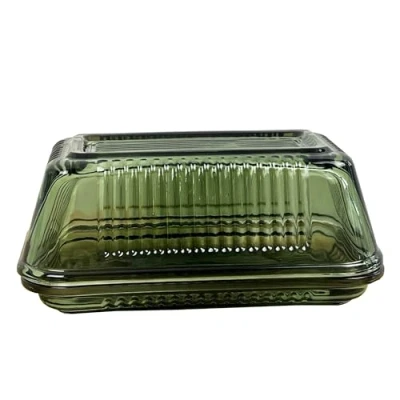 Image of Green Glass Butter Storage Dish with Lid Vintage Holder Kitchen Container Box Serving