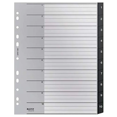 Image of Leitz Index Folder Divider, 1 10 Numerical Tabs, A4, Extra Wide, 90% Recycled Plastic, Eco Friendly, Premium Quality, Recycle Range, 12080095, Black
