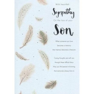 Image of ICG Loss of your Son Sympathy Card White Feathers and Sentiment Verse Embossed with Foil Details Eco Friendly