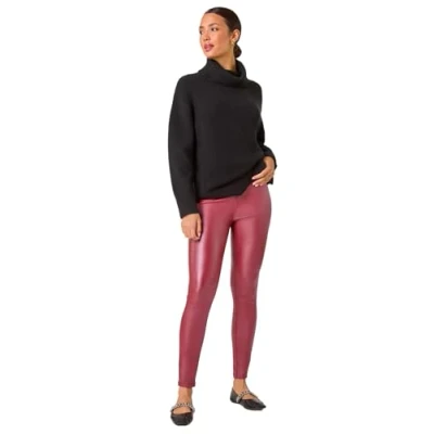Image of Roman Originals Faux Leather Trousers for Women UK Ladies PU Mat Legging Jegging Pants High Waisted Pull On Waterproof Wet Latex Imitation Stretchy Jeans Tight Slimming Wine Size 14