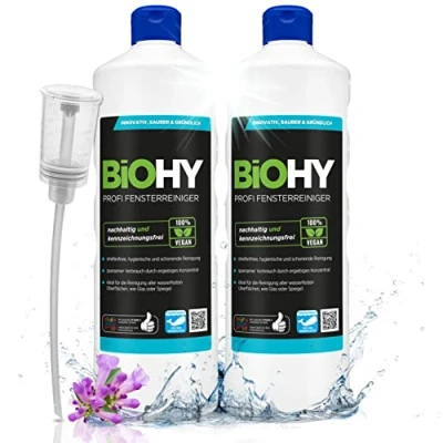 Image of BiOHY Professional window cleaner (2 x 1l Bottle) + Dispenser glass concentrate, ideal for all VACUUM CLEANERS streak free cleaning of &amp; (Profi Fensterreiniger)