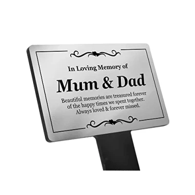 Image of In Loving Memory Mum &amp; Dad Memorial Stake Brushed Aluminium Plaque on Acrylic for Garden, Grave Decoration, or Temporary Marker