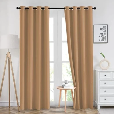 Image of Imperial Rooms Blackout Eyelet Curtains for Living Room 66x54 inch Drop Super Soft Thermal Insulated Beige Bedroom &amp; Drapes Black Out Kitchen Curtain 2 Panel with Tiebacks