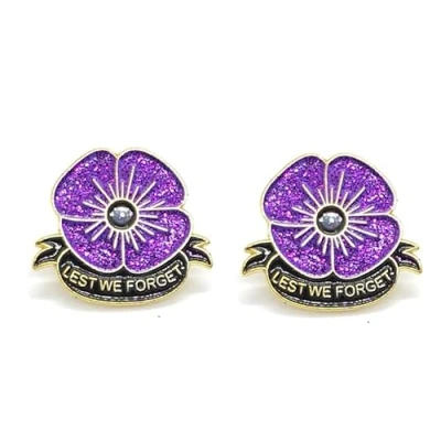 Image of 2 Pcs Purple Poppy Flower Horse Veteran Solider Remembrance Day Brooch Enamel Pin Badge