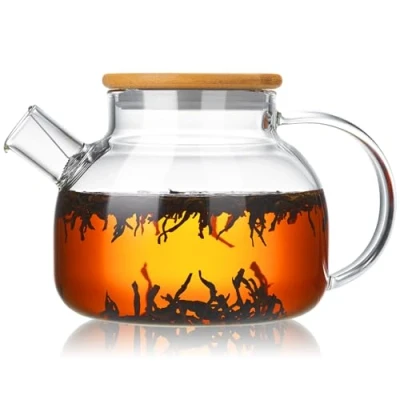 Image of MESNEY Glass Teapot for Stovetop 1000ml/34oz Heat Resistant Borosilicate Tea Pot with Infuser Bamboo Lid &amp; Silicone Ring Loose Tea, Cold Brew Blooming
