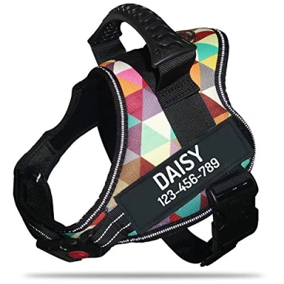 Image of PawPawify Personalised No Pull Dog Harness with Custom Name and Phone Number, Heavy Duty Pet Vest to Prevent Tugging, Pulling, or Choking, Training Walking (Color Grid, XS Chest 17 22in)