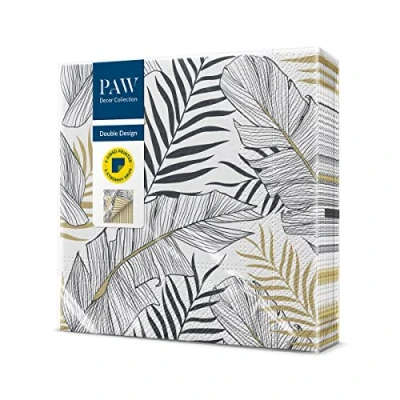 Image of PAW Napkins 3 Ply (33 x 33 cm) i 20 Pieces Perfect for Birthdays, Parties, Weddings, Communion and Celebrations Paper Printed on Both Sides Leaves, Gold, Silver, Stripes Exotic