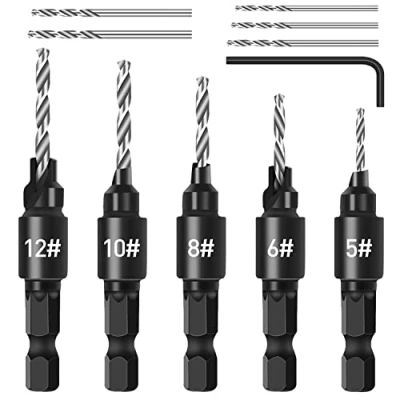 Image of Countersink Drill Bit Set, 5pcs Quick Change 1/4&quot; Hex Shank Adjustable Free Replaceable Bits with One Wrench, Woodworking