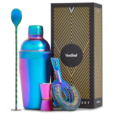 Image of VonShef Cocktail Shaker Set, Iridescent 4pc Set with 550ml Manhattan Shaker, Professional Bartender for Home Bar, Including Strainer, Jigger &amp; Other Bar Accessories, Gift Box Included