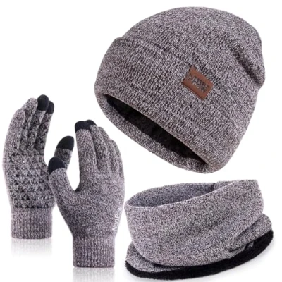 Image of Nertpow Men Womens Hat Scarf and Gloves Set, Knit Lined Warm Winter Touch Screen Beanie Neck Warmer Snood Set（Gloves&amp;Beanie&amp;Scarf Coffee White）