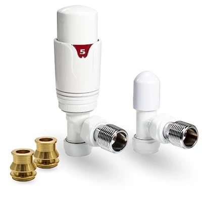 Image of Thermostatic TRV Angled White Radiator Valves 1/2&quot; x 15mm with Brass Reducer Compression Valve to 10mm