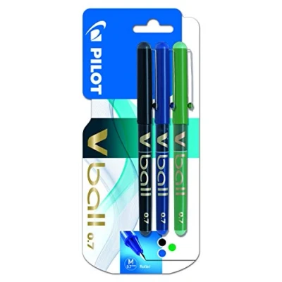 Image of PILOT V Ball 07 Liquid Ink Rollerball Pens 0.7mm Tip Black/Blue/Green Blistercard 3 Pens, 3131910540878UK