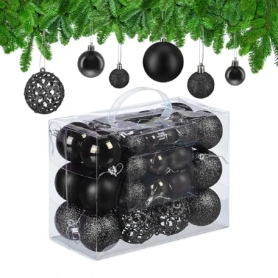 Image of Relaxdays Christmas Bauble Set of 50, Glittery, Matt &amp; Shiny Ornaments, Plastic Xmas Tree Balls, Ø: 3, 4 6 cm, Black