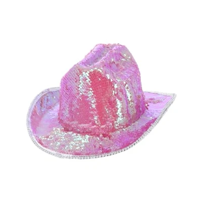 Image of Smiffys Fever Deluxe Sequin Cowboy Hat, Iridescent Pink, Accessories Fancy Dress, Western Dress Up Hats