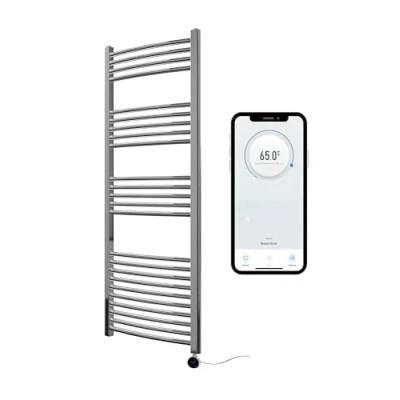 Image of Greened House Chrome Electric Smart WiFi Controlled Heated Towel Rail 500mm W x 1400mm H Curved 7 Day Programmable Timer App Compatibility