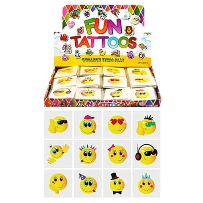 Image of Henbrandt 36x Mini Yellow Smile Face Temporary Tattoos for Children 12pc Packs Smiling Faces Kids Party Bag Favours Loot Fillers Lucky Dip Wedding Boys and Girls