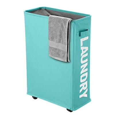 Image of Slim Rolling Laundry Basket with wheel, IHOMAGIC Rectangle Storage Hamper Thin Corner Fittable Bin Flexible handle Sorter For Dormitory, Hotel, 39x18.5x58cm 41L, Blue