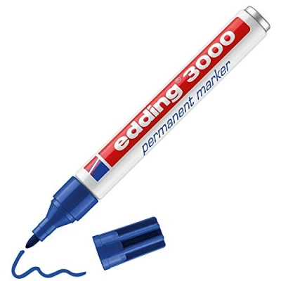 Image of edding 3000 Permanent Marker Blue 1 Pen Round Tip 1.5 3 mm Quick Drying Markers Waterproof, Smudge Proof for Cardboard, Plastic, Wood, Metal, Fabric Pens