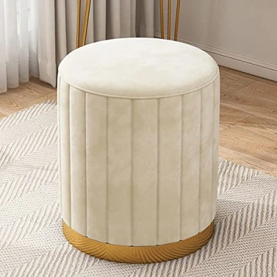 Image of Small Ottoman Velvet Footrest Foot Stool Round Upholstered Footstool for Living Room Bedroom Modern Stool,Beige