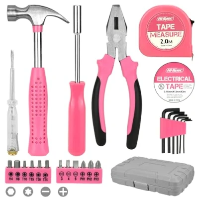 Image of 24 PCS Pink Tool Kit for Women Ladies, Household DIY Kit, Mini Box Set with Pliers Wrenches Hammer Tape Measure Bit Drivers Handle, Basic Hand Repair General Sets Home &amp; Office