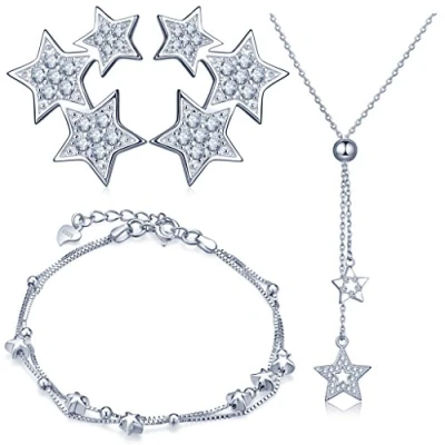 Image of Yumilok Jewelry 925 Sterling Silver Cubic Zirconia Stars Pendant Charm Necklace Bracelets Earring Stud Set for Women/Girls