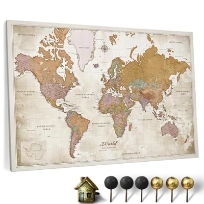 Image of Canvas World Map with Cork Pin Board English Lettering Decorative Wall Decoration for All Rooms Pictures Motif (90x60 cm, Pattern 22)