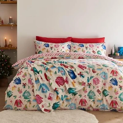 Image of Catherine Lansfield Christmas Jolly Jumpers Reversible Double Duvet Cover Set with Pillowcases Cream