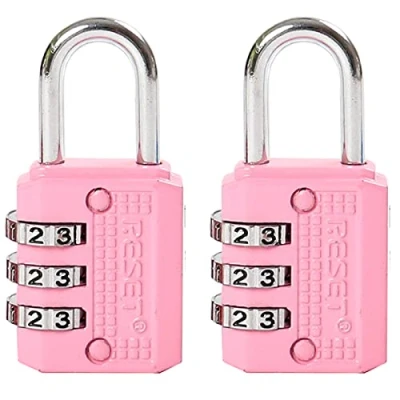 Image of RESET 071 3 Digit Combination Padlock, Compact Resettable Lock for Mini Locker, Travel Lock, Diary, Luggage, Suitcase, Backpack, Pink, 2 Pack