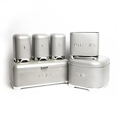 Image of LOVELLO KitchenCraft Set of Gift Boxed Shadow Grey Textured Counter Top Storage 11 x 19cm, Utensil Store 20x10x18cm, Bread Bin 42x22x19cm, Cake Tin 26x26x19cm