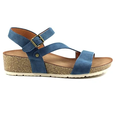 Image of Ladies Cluster Navy Wedged Sandal 6 Blue