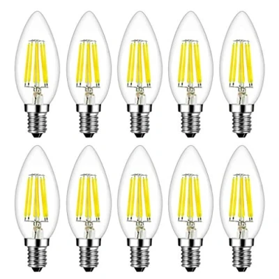 Image of MENTA E14 6W Filament LED Candle Candelabra Bulb 60W Incandescent Equivalent Cool White 6500K 600lm Super Bright SES Vintage Small Edison Screw Non Dimmable Glass Pack of 10