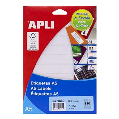Image of APLI 1860 White A5 Labels 12 x 18 mm 15 Sheets