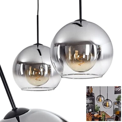 Image of Koyoto Hanging lamp, lamp Made of Metal/Glass in Black/Smoke/Clear, 2 Flame Vintage/Retro Design with Glass lampshades (Ø 25 cm), Height max. 146.5 cm, x E27, Bulbs not Included