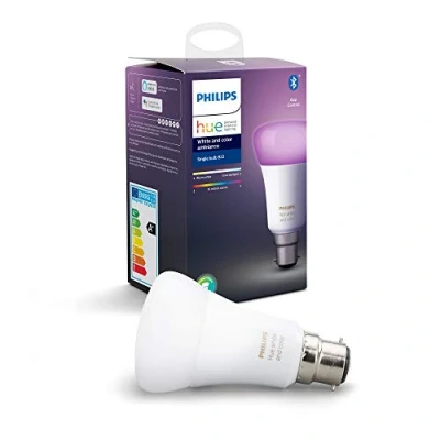 Image of Philips Hue White and Colour Ambiance LED Smart Light Bulb 1 Pack [B22 Bayonet Cap] 60W Equivalent, with Bluetooth, Works Alexa, Google Assistant Apple Homekit.