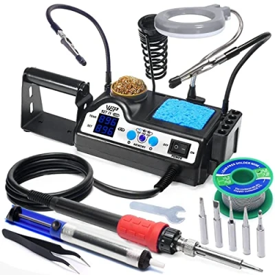 Image of WEP 927 IV 110W Soldering Iron Station Kit with LED Magnifier, 2 Helping Hands, 30g Lead Free Solder Wire, 3 Tips, Desoldering Pump, ESD Safe Tweezers