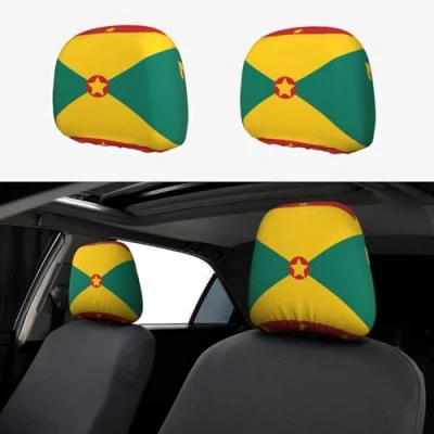 Image of YYHHAOFA Flag of Grenada Printed Car Headrest Cover 2 pieces Interior Accessories Decoration Fit Cars Vans Trucks Universal Seat