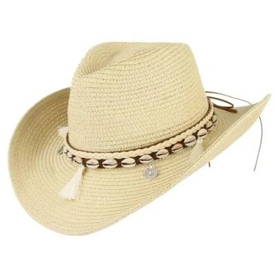 Image of GEMVIE Women&#039;s Summer Straw Cowboy Cowgirl Hat Sun Hats Wide Brim Beach Holiday with Shell Band Beige