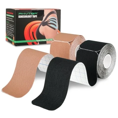 Image of PHYTOP Kinesiology Tape Pre Cut (40 Strips, 25cm x 5cm) Latex Free K for Sports Kinesiotape Ideal Knee, Shoulder, and Elbow Support (Black+Beige)