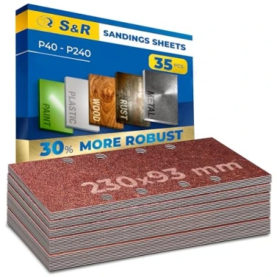 Image of S&amp;R Sanding Sheets, Mixed Grit Pads, with Practical Hook And Loop Fasteners, 93 mm x 230 mm, Set of 35 Grain P40/60/80/120/240