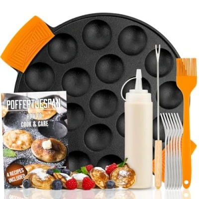 Image of IRONO Poffertjes Pan Mini Pancake Maker 19 Pancakes Eggs Crepe Cast Iron Includes Brush, Turning Fork, Batter Bottle, 6 Forks, Handles